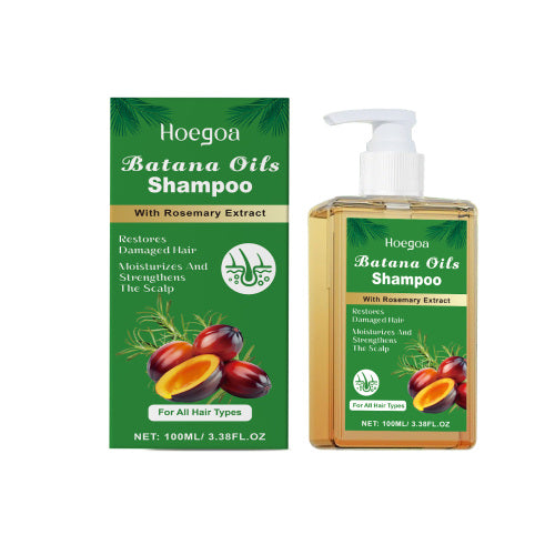 Batana Oils Shampoo box and pump bottle, green with rosemary extract.