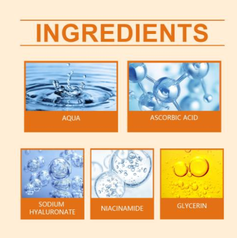 Ingredients panel: Aqua, Ascorbic acid, Sodium hyaluronate, Niacinamide, Glycerin